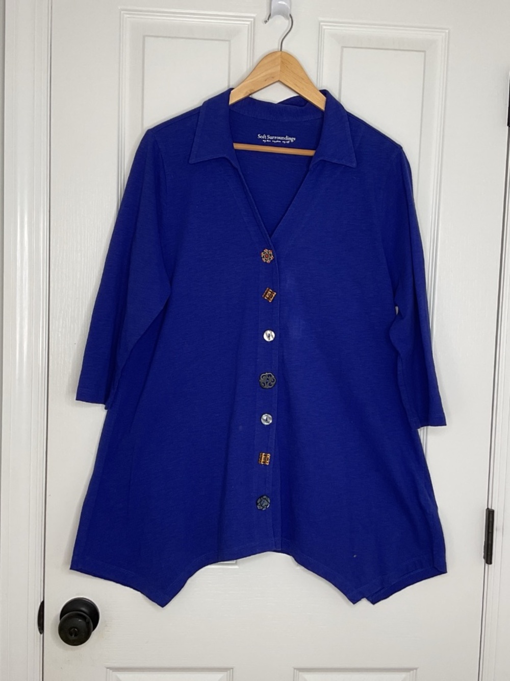 Soft Surroundings Tunic Top M Royal Blue Unique Buttons Artsy Lagenlook Cotton